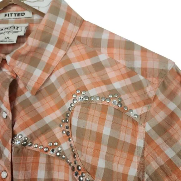 ARIAT Top Womens Large Orange Plaid Pearl Snap Western Shirt Beaded Bling Fitted - Picture 4 of 8